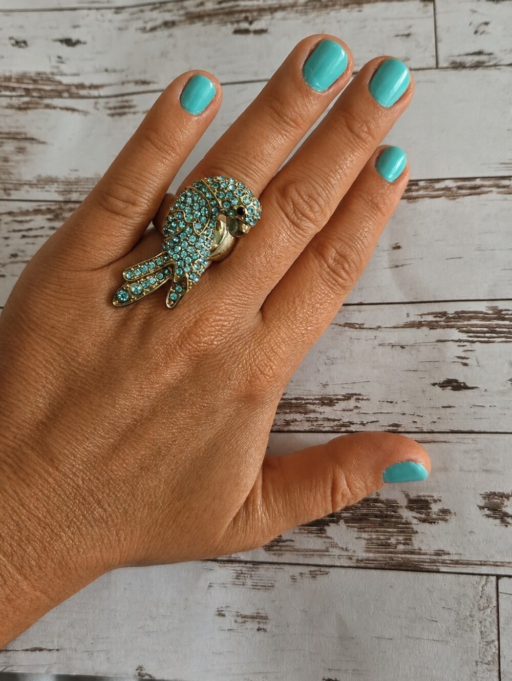 Gold-Tone Parrot Statement Ring with Turquoise Crystals - Women Jewelry